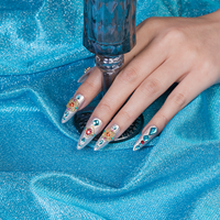 Ongles à presser en chrome argenté avec cristaux, motifs floraux 3D et pierres précieuses, pointes d'ongles stiletto, fabriqués à la machine, en gel souple personnalisable, emballage personnalisable