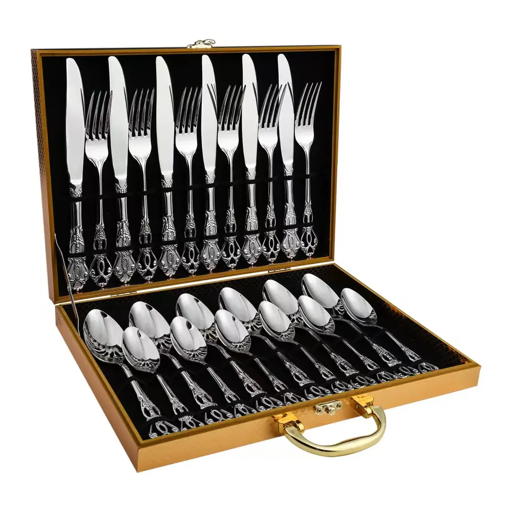 Bán buôn Chất lượng cao 24 Piece thiết lập dao kéo Hoàng Gia muỗng nĩa dao Vàng Flatware sets với hộp gỗ