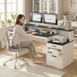 Meubles de bureau, bureau d'<span class=keywords><strong>ordinateur</strong></span> de 65 pouces avec 3 tiroirs <span class=keywords><strong>et</strong></span> étagères de rangement, bureau de direction avec support d'écran long - Product Image 5