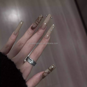 Ongles longs carrés vintage <span class=keywords><strong>marron</strong></span> ombré à pression, style punk, cloutés, en acrylique pour femmes - Product Image 1