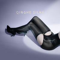 Qinghe Oil-Gloss Liu Ensemble de bas à jarretelles ultra-fins transparents brillants en polyamide/nylon, moulants aux hanches, avec bas cuissardes détachables