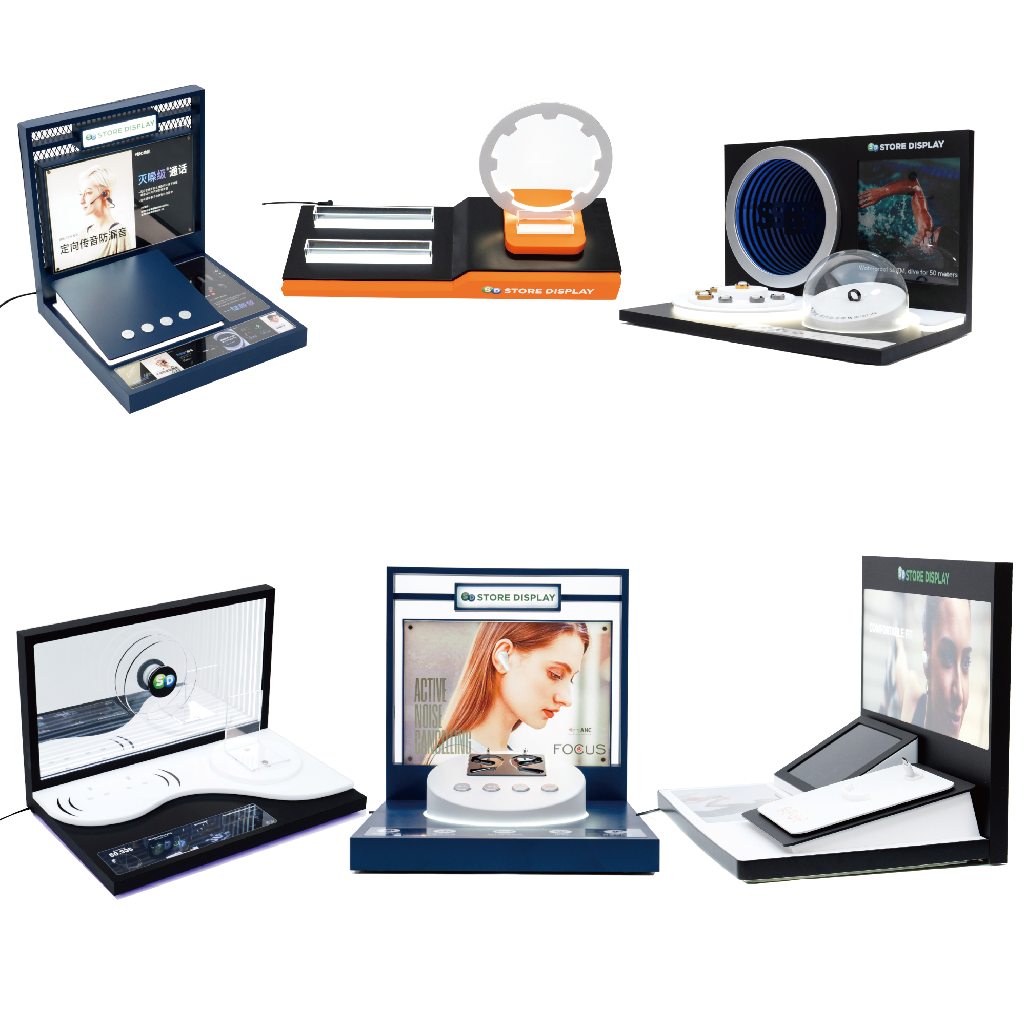 Customized Acrylic LCD Screen Floor Stand Sports Swimming Accessories Storage Display for Mall for Modern