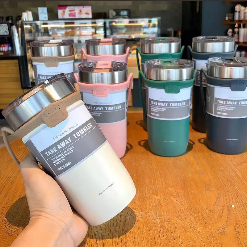 Yeni büyük paslanmaz çelik vakum şişeler ve termoslar kahve fincanı kahve kupa seyahat hediyeler için silikon kap kollu ile
