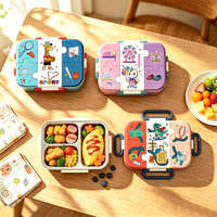 Boîte à lunch pour étudiants en acier inoxydable 304 avec trois compartiments, couverts, anti-odeur, boîte à bento pour enfants avec dessins animés, 950 ml, portable