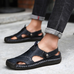 HSY Sandalias de cuero para hombre con punta abierta, planas, informales, transpirables, con suela de goma, zapatos de verano - Product Image 4