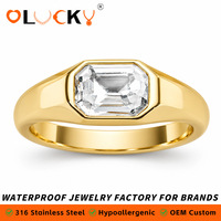 Bagues Chevalières Personnalisées LUCKYJIU en Acier Inoxydable Plaqué Or 18K avec Zirconium Cubique Taille Émeraude, Étanche, Fabricant OEM ODM, Vente en Gros pour Marques