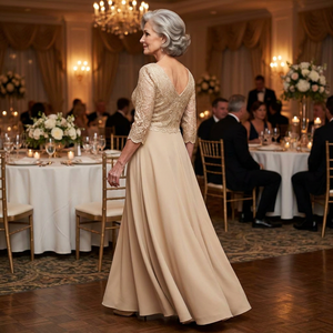 Abito da Madre <span class=keywords><strong>della</strong></span> <span class=keywords><strong>Sposa</strong></span> Personalizzato in Crepe con Pizzo, Scollo a V, Maniche 3/4, Linea A, Vestito Lungo 950GSM OEM, <span class=keywords><strong>Taglie</strong></span> dalla S alla 5XL - Product Image 5