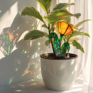 Décoration <span class=keywords><strong>de</strong></span> jardin personnalisée faite à la main - Style verre teinté Pavot <span class=keywords><strong>de</strong></span> <span class=keywords><strong>Californie</strong></span> - <span class=keywords><strong>Pot</strong></span> <span class=keywords><strong>de</strong></span> fleurs orange - Perles <span class=keywords><strong>de</strong></span> cristal - Product Image 2