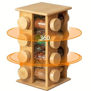 Nouveau support à épices rotatif en bambou avec tiroir de rangement, 16 pots, rotation à 360 degrés, pour sel et assaisonnements - Product Image 1