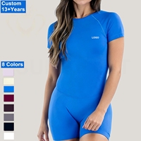 Combinaison de yoga côtelée à manches courtes pour femme, haute qualité, contrôle du ventre, effet push-up, sans couture, extensible