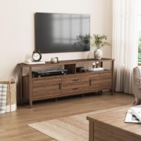 Meuble TV moderne en noyer de 70,47 pouces avec 2 tiroirs et 2 armoires, console multimédia en bois avec étagères ouvertes pour téléviseurs jusqu'à 80 pouces.