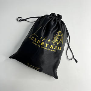 Bolsas de Satén Negras Personalizadas de Primera Calidad con Cordón y Estampado Dorado - Empaque para Extensiones de Cabello y Pelucas - Product Image 4
