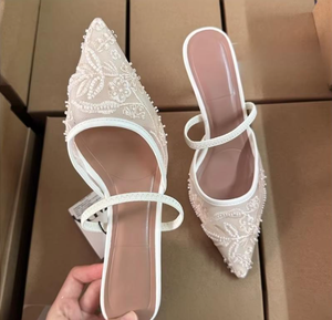 व्हाइट हाई हील्स की महिलाओं के जाल ने टेलेटो एड़ी के पैर की अंगुली के सैंडल की रियर ट्रिप स्ट्रैप आउटडोर हाई टॉप सुपर हाई हील्स ग्रीष्मकालीन - Product Image 5