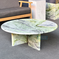 Table basse moderne en marbre vert rond, forme en T basse, socle, salon, luxe, naturel, table d'appoint en calacatta personnalisée