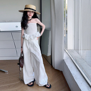 Top a Tubo Bianco con Volant per Ragazze, <span class=keywords><strong>Pantaloni</strong></span> Dritti a Vita Alta in Pizzo, Stile Coreano in Cotone Casual, Nuova Collezione 2025 Elegante per Bambine - Product Image 1