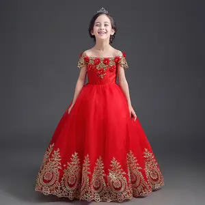 红色刺绣花卉露肩成人女士婴儿女孩加大尺寸连衣裙设计派对