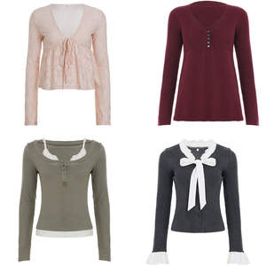 Patchwork Breathable Knit Long Sleeve T-Shirt Women Summer Fashion Sexy V-Neck Loose Comfortable Casual Office Base Layer <b>Top</b> - Product Image 1