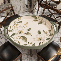Plat à four en céramique profond Serene OEM, rond, blanc, motif floral aquarelle, poignées vert olive peintes à la main, pour la consommation quotidienne