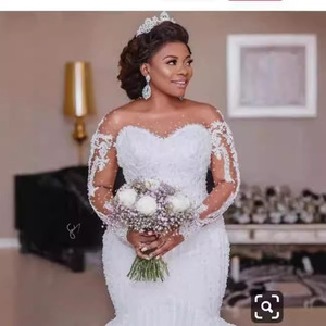 Women's XL Wedding Plus African <b>Bridal</b> Gown Sheer Neck Lace-up Back Major Beading Sequins Pearls Floor-Length Embroidered - Product Image 3