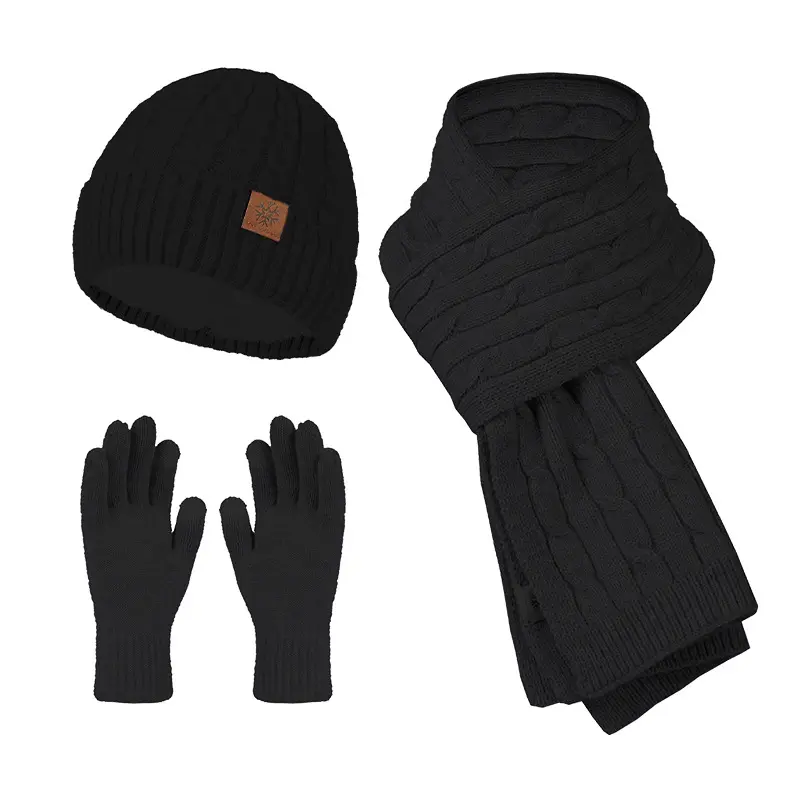 Gorro de lana de punto cálido para invierno, guantes, conjunto de bufanda larga con forro polar, gorros de Calavera, bufandas para el cuello, conjunto de gorro para mujeres y hombres