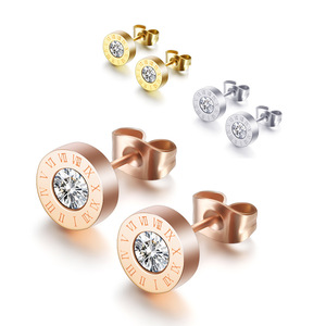 <b>Stud</b> <b>Earrings</b> 8mm Roman Numeral Round Stainless Steel With Diamond Zircon Bezel Setting Rose Gold Silver Gold Couple Gift - Product Image 1