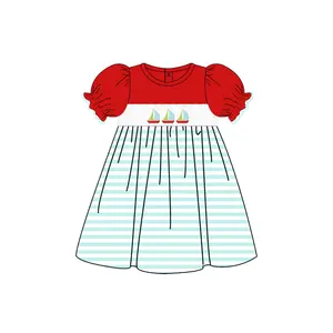 Puresun定制设计复古女童服装批发罩衫婴儿棉裙帆船刺绣