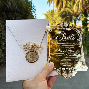 Invitaciones <span class=keywords><strong>de</strong></span> Quinceañera Personalizadas en Forma <span class=keywords><strong>de</strong></span> Corazón, Color Morado, con Espejo Dorado, Impresión Acrílica Blanca y Sobre - Product Image 3