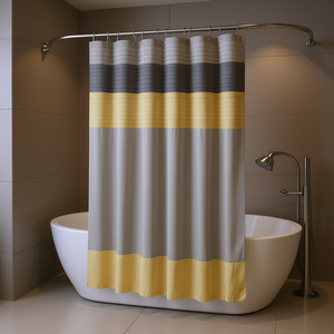 Rideau de douche en fausse soie, design moderne et minimaliste, rayures grises et jaunes, accessoire de salle de bain - Product Image 2