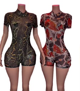 Combinaison Femme Imprimée en Maille Transparente Sexy Dos Nu Col Rond Manches Courtes Taille Haute Ajustée Clubwear - Product Image 6