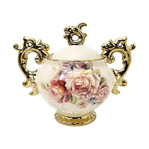 12 once di lusso in <span class=keywords><strong>ceramica</strong></span> floreale oro <span class=keywords><strong>zuccheriera</strong></span> con coperchio in porcellana caffè Bar e cucina pentole per zucchero e caffè - Product Image 1