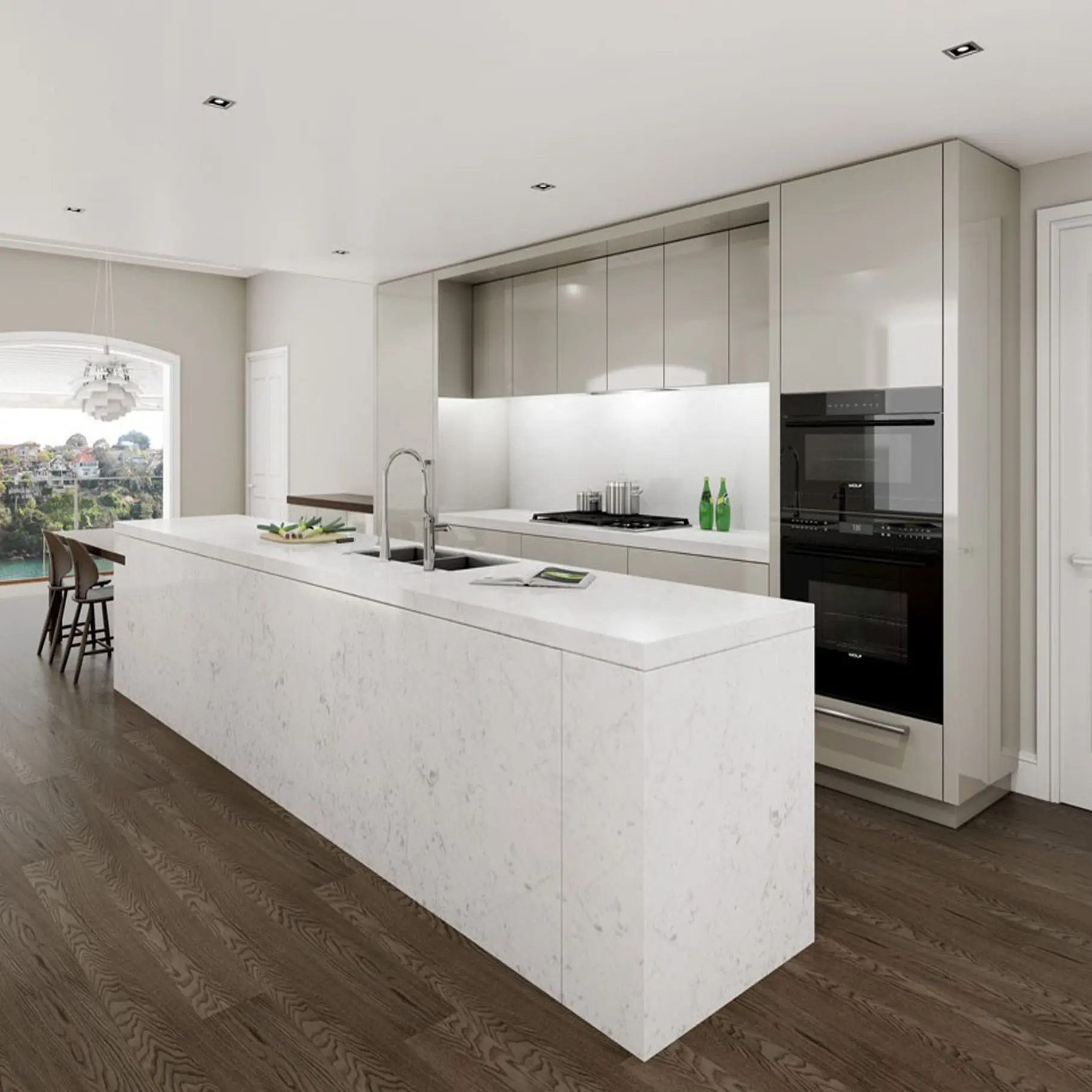 ความคิดผลิตภัณฑ์ใหม่ห้องครัวขายร้อน Modular หนึ่งผนังห้องครัวที่มีการออกแบบเกาะสีขาว