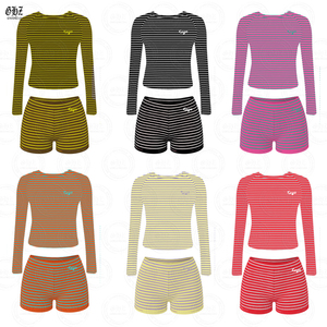 Y2k thiết kế của phụ nữ quần áo cotton sọc dài tay áo hàng đầu và quần short loungewear 2-mảnh thiết lập phong cách giản dị trên chiều dài đầu gối - Product Image 1