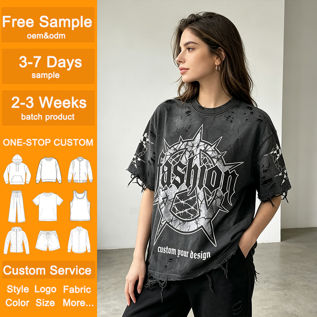 OEM Female Black Washed Distressed Gothic Print T-Shirt Custom Ripped Frayed Edge Oversized Streetwear Short Sleeve Top