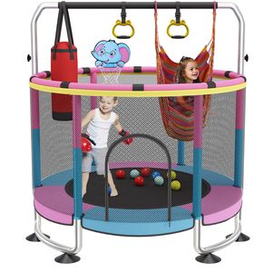 En stock, vente en gros : <span class=keywords><strong>Trampoline</strong></span> d'intérieur en nylon bleu-rose de qualité supérieure pour usage domestique, avec tapis de saut pour enfants et filet de sécurité adapté - Product Image 1