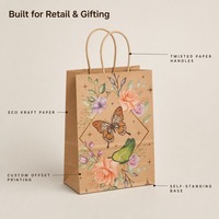 Sac cadeau en papier kraft imprimé sur mesure avec poignées torsadées, motif floral papillon, fond carré, vente en gros pour bijouterie