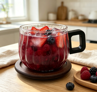 Tasse à café en verre borosilicate à nervures verticales, forme citrouille, avec poignée carrée en bois, résistante à la chaleur, avec sous-verre en bois