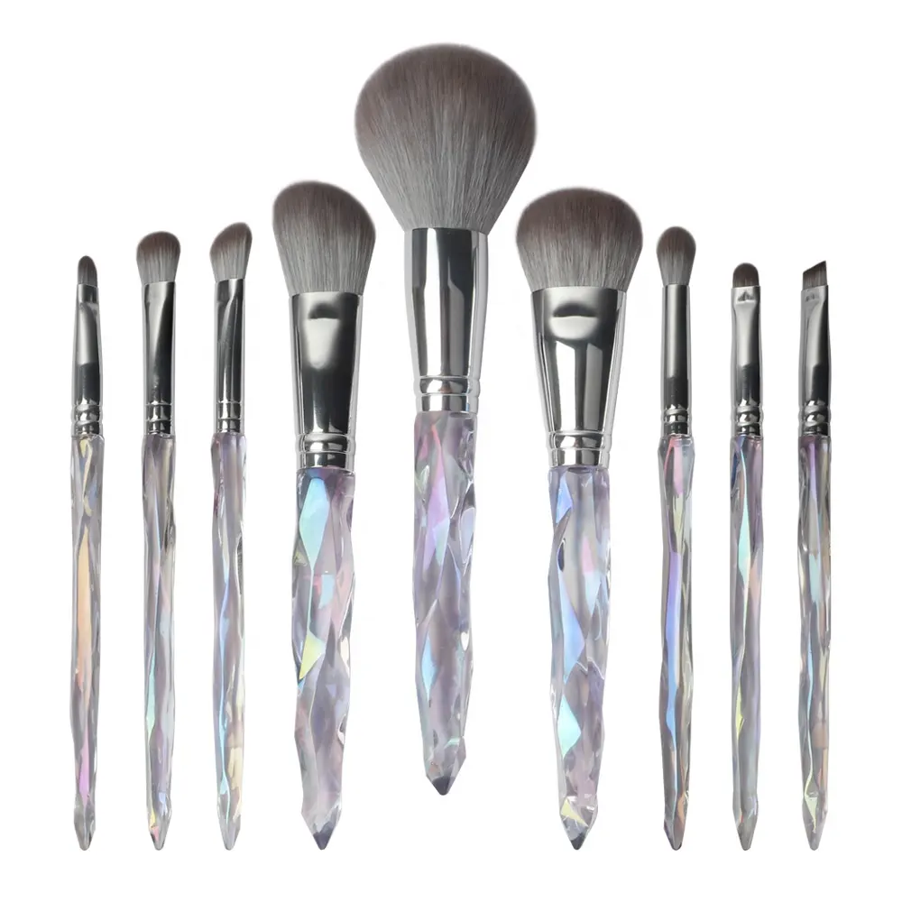 ZH High Quality Professional 9pcs Clear Vegan Make Up Glitter Diamond Eyeshadow Crystal Transparent Custom Logo Makeup Brush Set