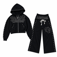 Ensemble de survêtement personnalisé pour homme noir à clous, avec logo brodé, en coton épais, deux pièces (hoodie et pantalon)