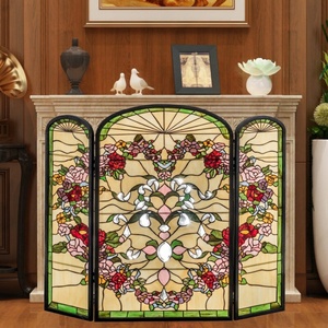 Paravent de cheminée Tiffany en verre teinté, style européen, fait main, motif floral, 36''*28'', pour salle à manger et chambre à coucher - Product Image 1