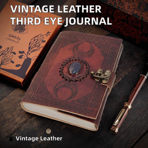 Carnet de notes vintage en cuir à couverture rigide, à feuilles mobiles, avec motif triple lune et pierre de cristal Troisième Œil – Carnet de croquis vierge pour voyages - Product Image 6