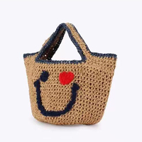 Bolso de Playa Tejido a Mano con Diseño de Cara Sonriente, Bolso de Rafia Bordado con Cara Feliz y Divertida, Diseño Caprichoso