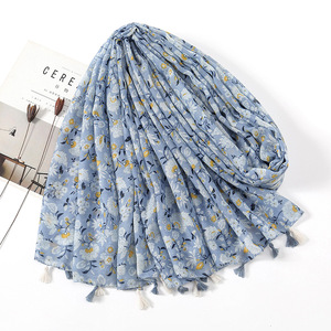 Zifeng OME nuovo fresco <span class=keywords><strong>blu</strong></span> Navy Splicing viaggio crema solare piccolo fiore <span class=keywords><strong>dolce</strong></span> ed elegante cotone lino sentire scialle - Product Image 3