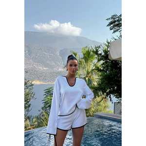 Lady's White <b>100</b>% <b>Linen</b> 2-Piece Shorts Set Waffle <b>Fabric</b> Striped Top Sports Shorts Loose Fit Knee Length Sporty for Home Use - Product Image 6