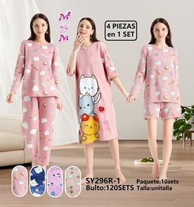Grazioso Pigiama da Donna in Cotone e Bambù, Set con Maniche Lunghe, Collo Tondo, Stampa Gatto Cartoon, Morbido e Confortevole, Pantaloni Lunghi fino alla Caviglia - Product Image 3