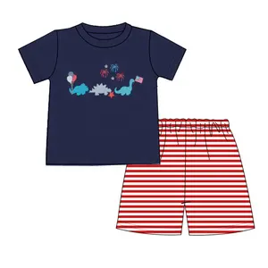 Patriotic Dinosaur Embroidery Baby Boy Short Set 4th Of July Matching Outfits Boutique Boys Clothing Set