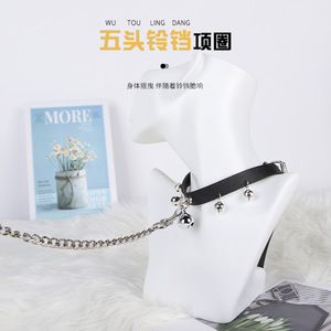Leather <b>Collar</b> With 5 Bells Black Punk Style SM <b>Bondage</b> Adult Accessory - Product Image 1