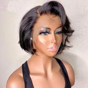 Wholesale Indian Virgin Ginger Orange 13x4 Transparent Lace Front Wig Straight Short Pixie Cut Human Hair Wigs for Black Women