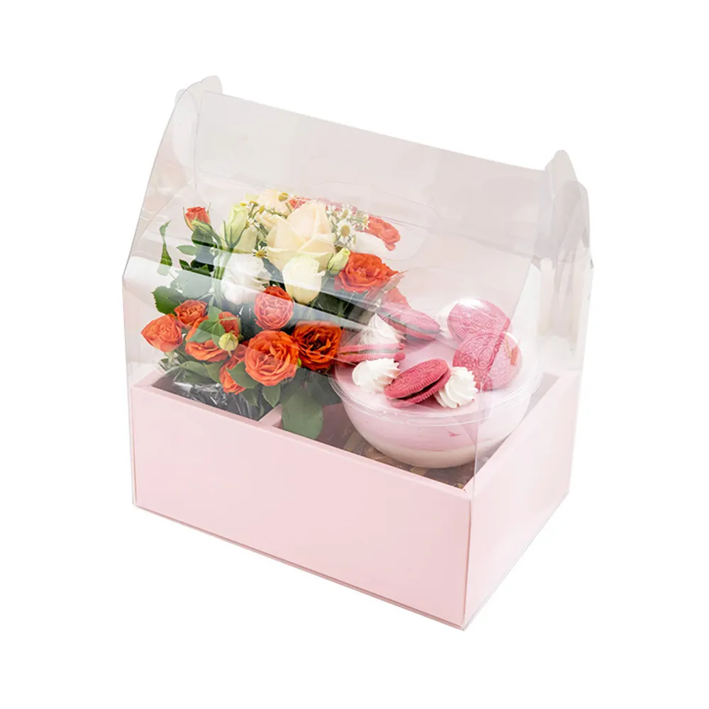 INUNION 뜨거운 판매 사용자 정의 명확한 생일 결혼 선물 핑크 꽃 상자 투명 케이크 상자