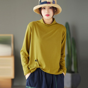 Women's Long Sleeve T-Shirt High Neck Button Design Yellow Soft Knit <b>Top</b> Spring Autumn Base <b>Layer</b> - Product Image 1