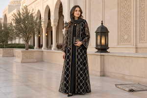 Ensemble Abaya ouverte deux pièces en polyester avec broderie et perles, vêtements islamiques pour mariage, Aïd et <span class=keywords><strong>occasions</strong></span> formelles - Product Image 5